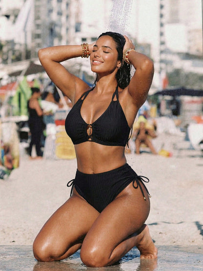 Swim Vcay Plus Size Women's Ribbed Ruched Halter Bikini Set, Suitable For Summer Beach, Resort, Swimming Pool