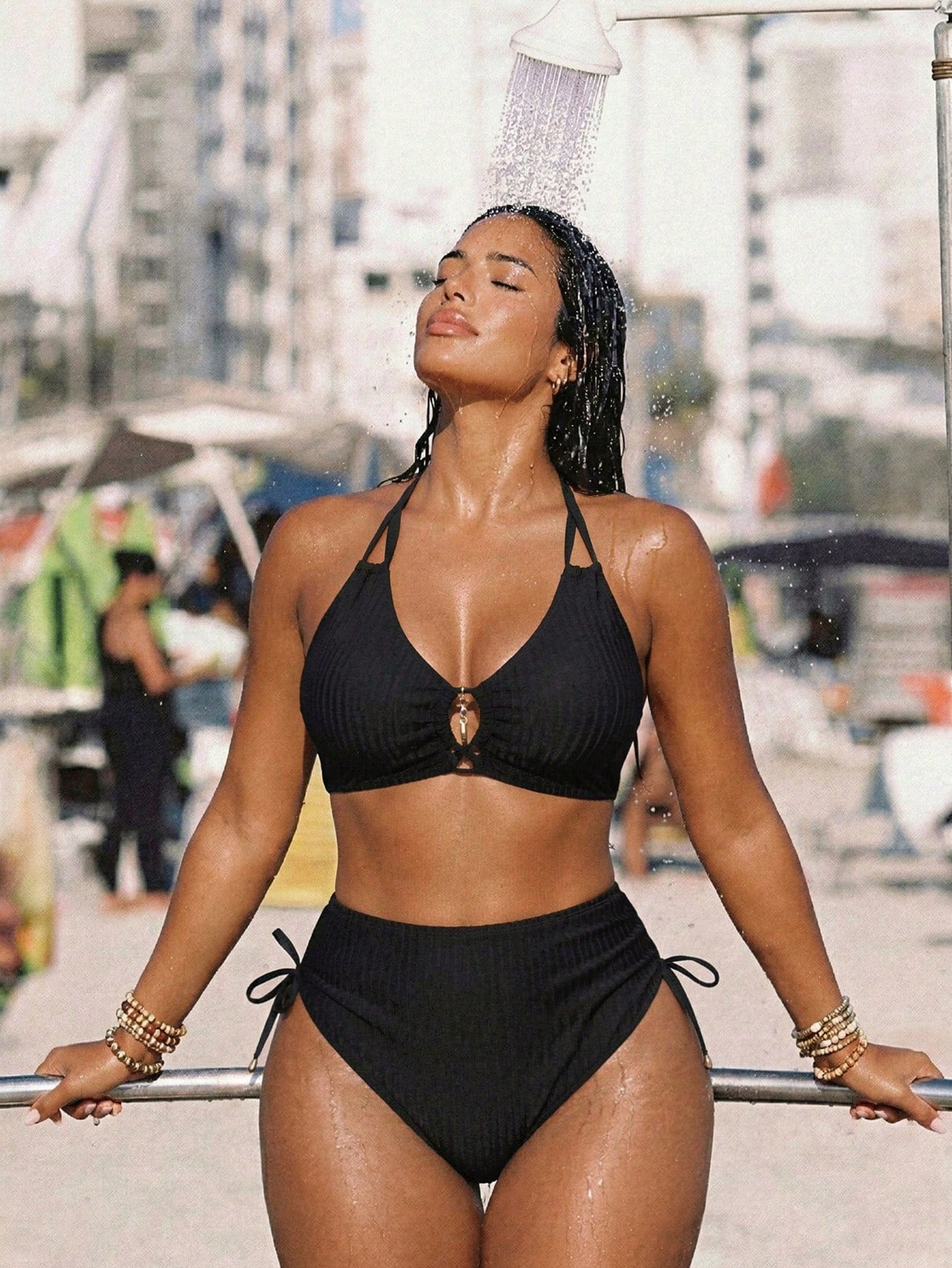 Swim Vcay Plus Size Women's Ribbed Ruched Halter Bikini Set, Suitable For Summer Beach, Resort, Swimming Pool