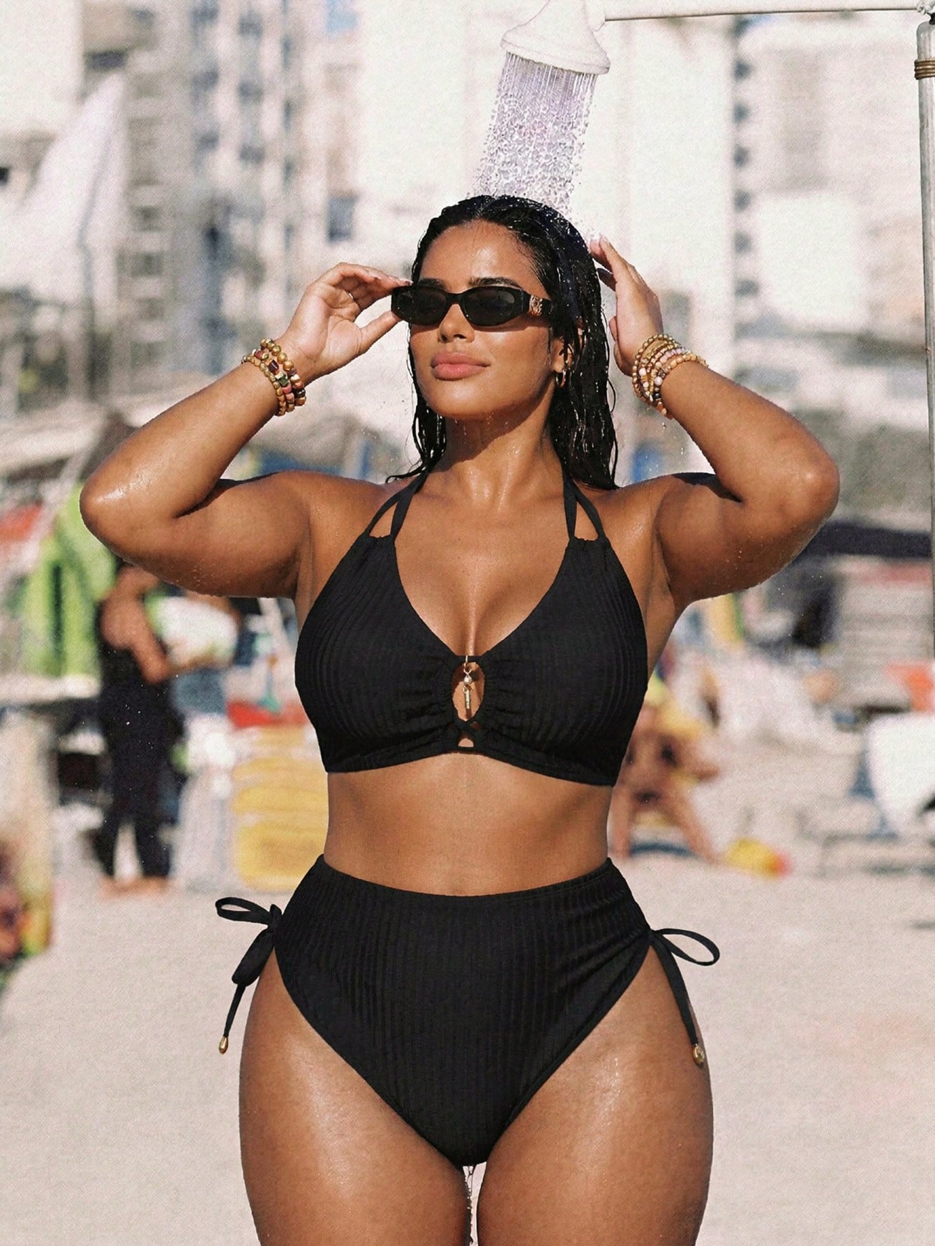 Swim Vcay Plus Size Women's Ribbed Ruched Halter Bikini Set, Suitable For Summer Beach, Resort, Swimming Pool