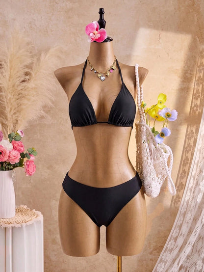Swim Vcay Plus Size Women's Summer White Bikini Set, Kawaii Classic Halter Neck Triangle Cup Tie-Up Swimsuit, Holiday Beach Pool Party Double Fabric