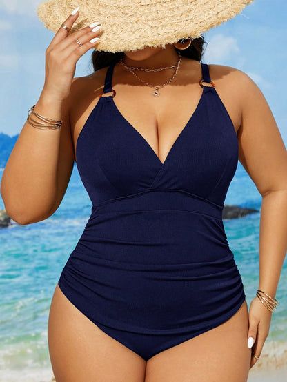 Swim Vcay Plus Size Women Solid Color Ring Link Casual Spaghetti Strap One-Piece Swimsuit, For Vacation Summer