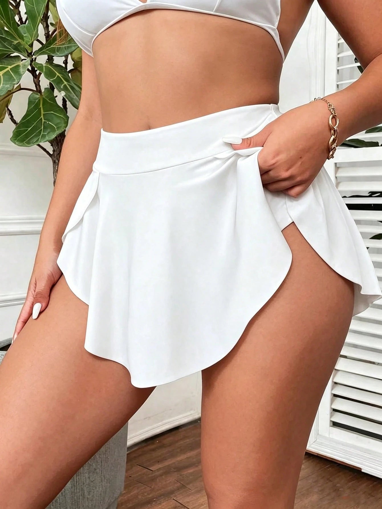 Swim Vcay Plus Size Women Solid Color Swim Skirt Bottom, Suitable For Summer Vacation