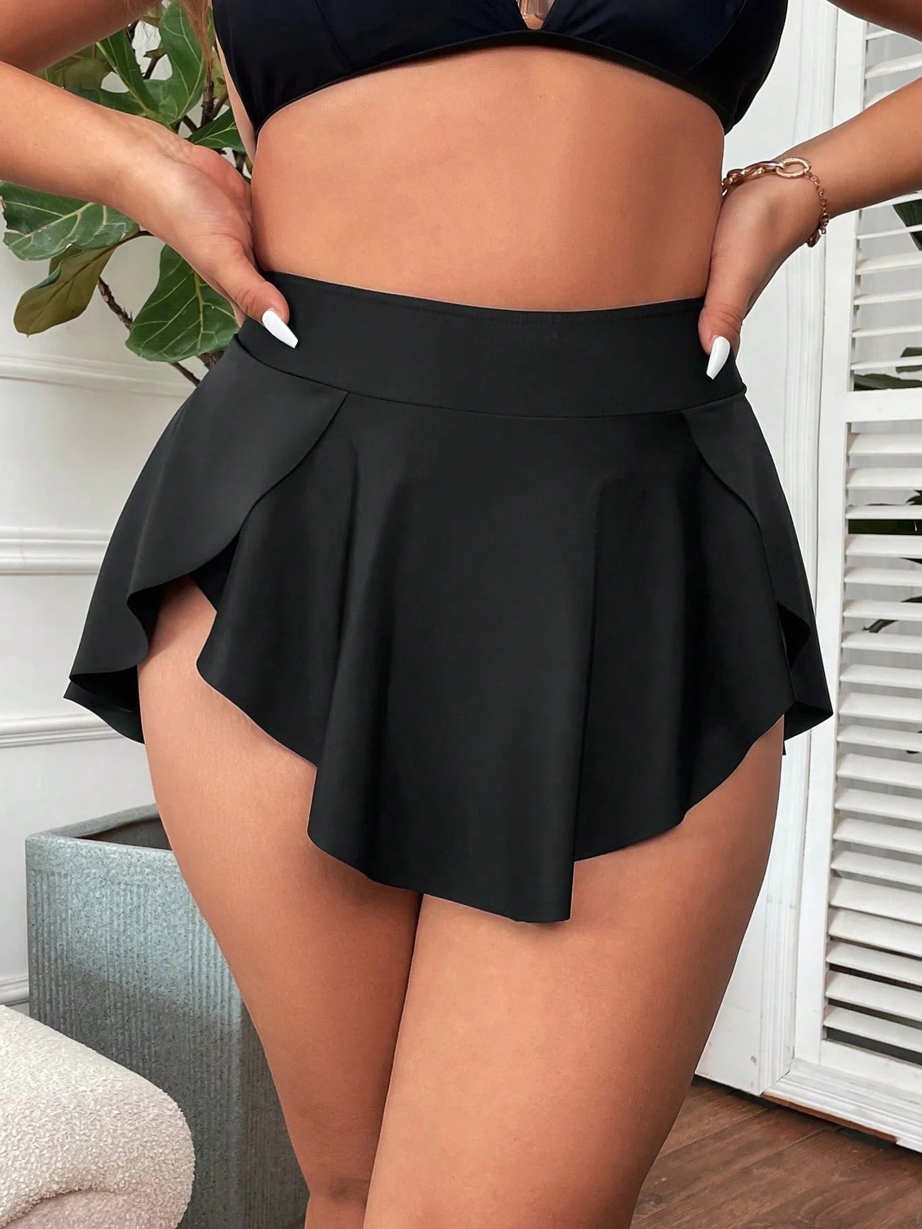 Swim Vcay Plus Size Women Solid Color Swim Skirt Bottom, Suitable For Summer Vacation