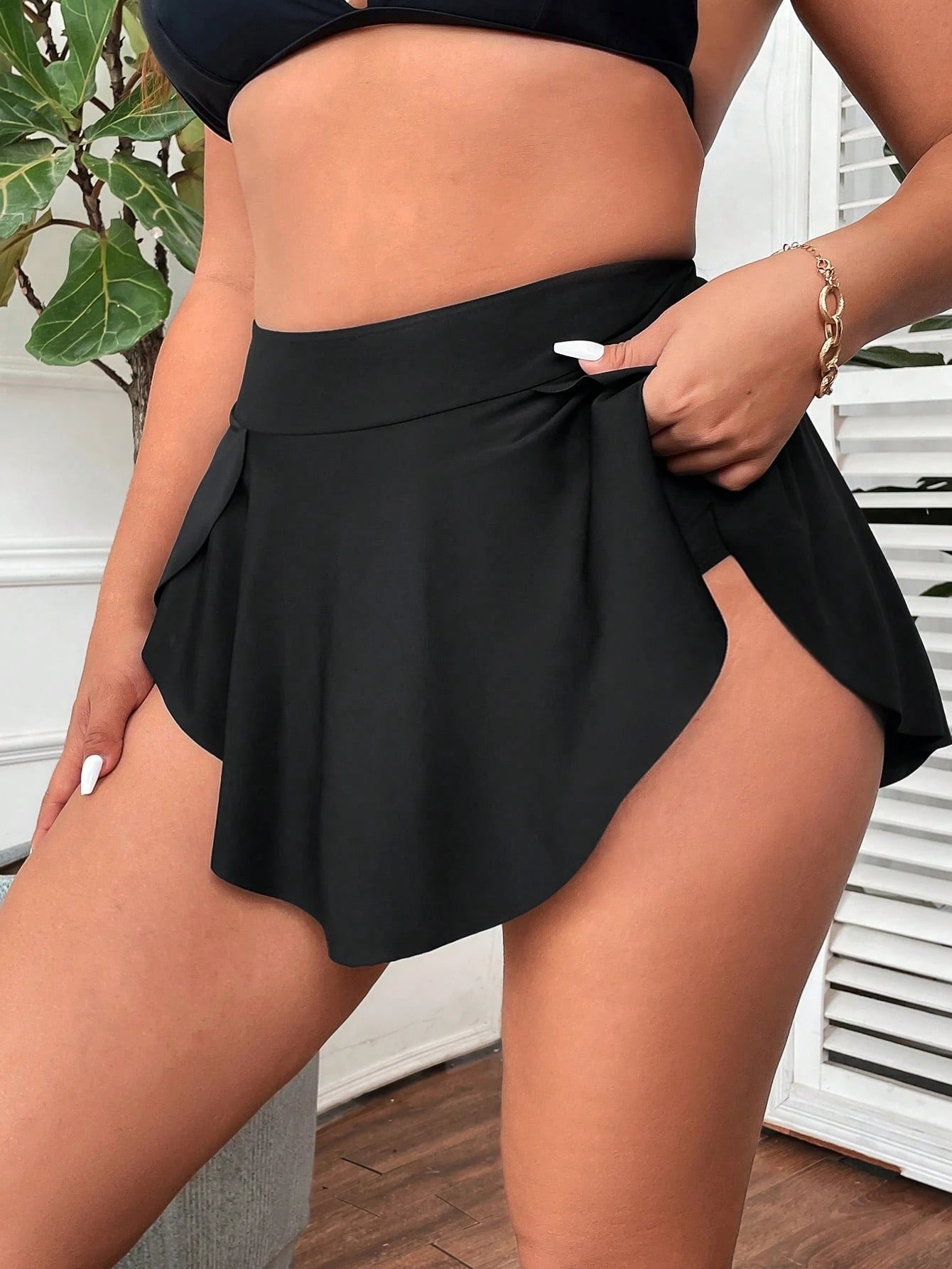 Swim Vcay Plus Size Women Solid Color Swim Skirt Bottom, Suitable For Summer Vacation