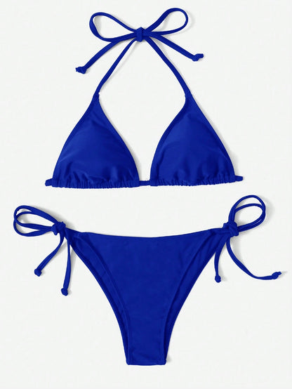 Swim Vcay Solid Color Halter Tie Front Bikini Swimwear, Suitable For Summer Beach