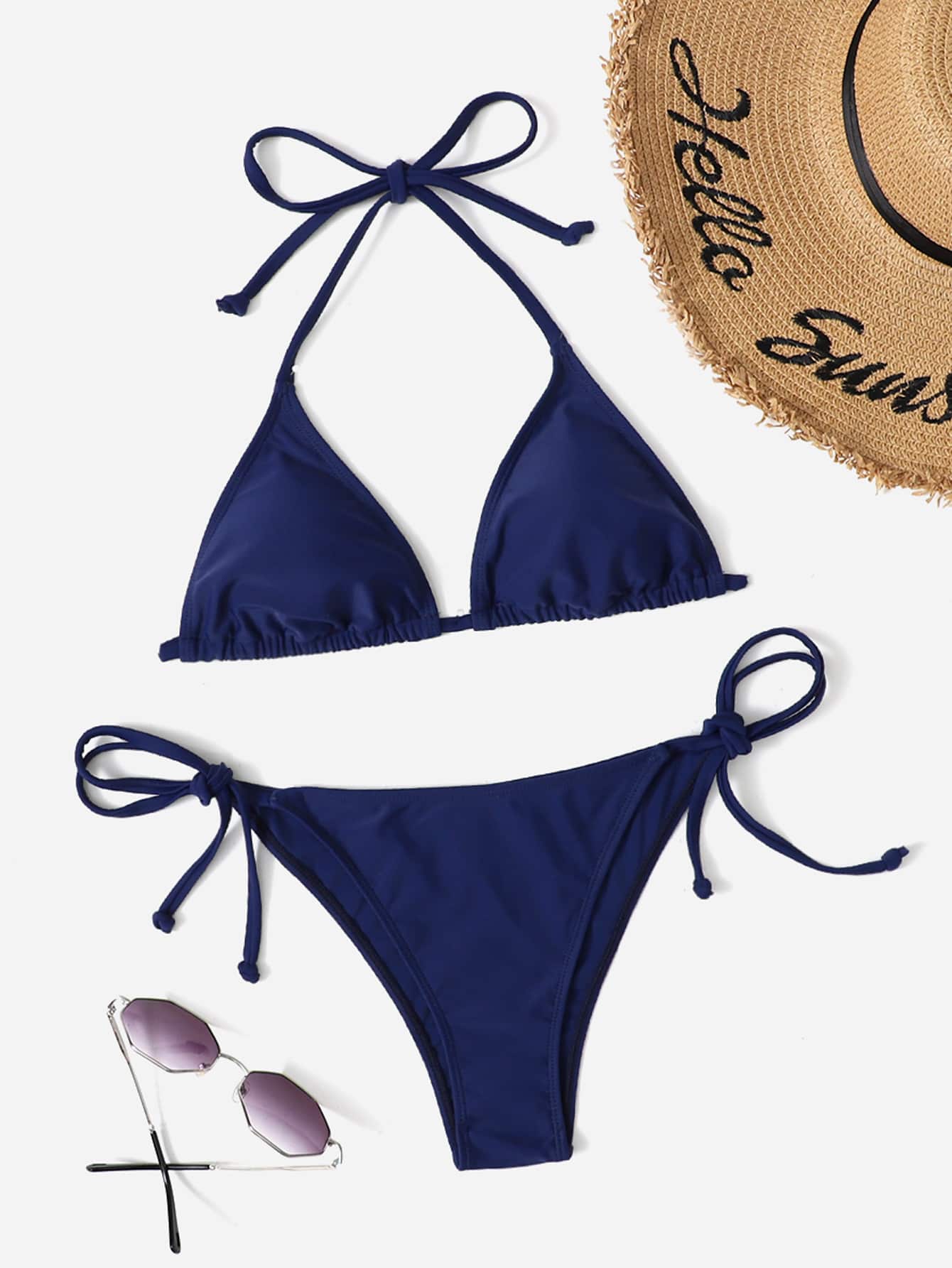 Swim Vcay Solid Color Halter Tie Front Bikini Swimwear, Suitable For Summer Beach