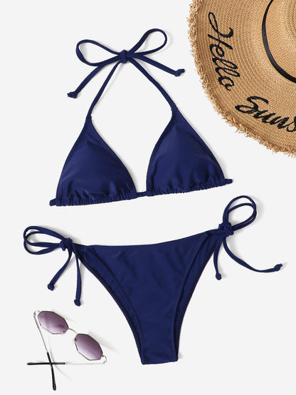 Swim Vcay Solid Color Halter Tie Front Bikini Swimwear, Suitable For Summer Beach