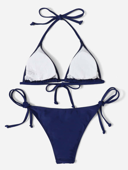Swim Vcay Solid Color Halter Tie Front Bikini Swimwear, Suitable For Summer Beach