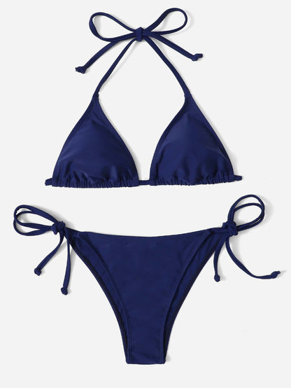Swim Vcay Solid Color Halter Tie Front Bikini Swimwear, Suitable For Summer Beach