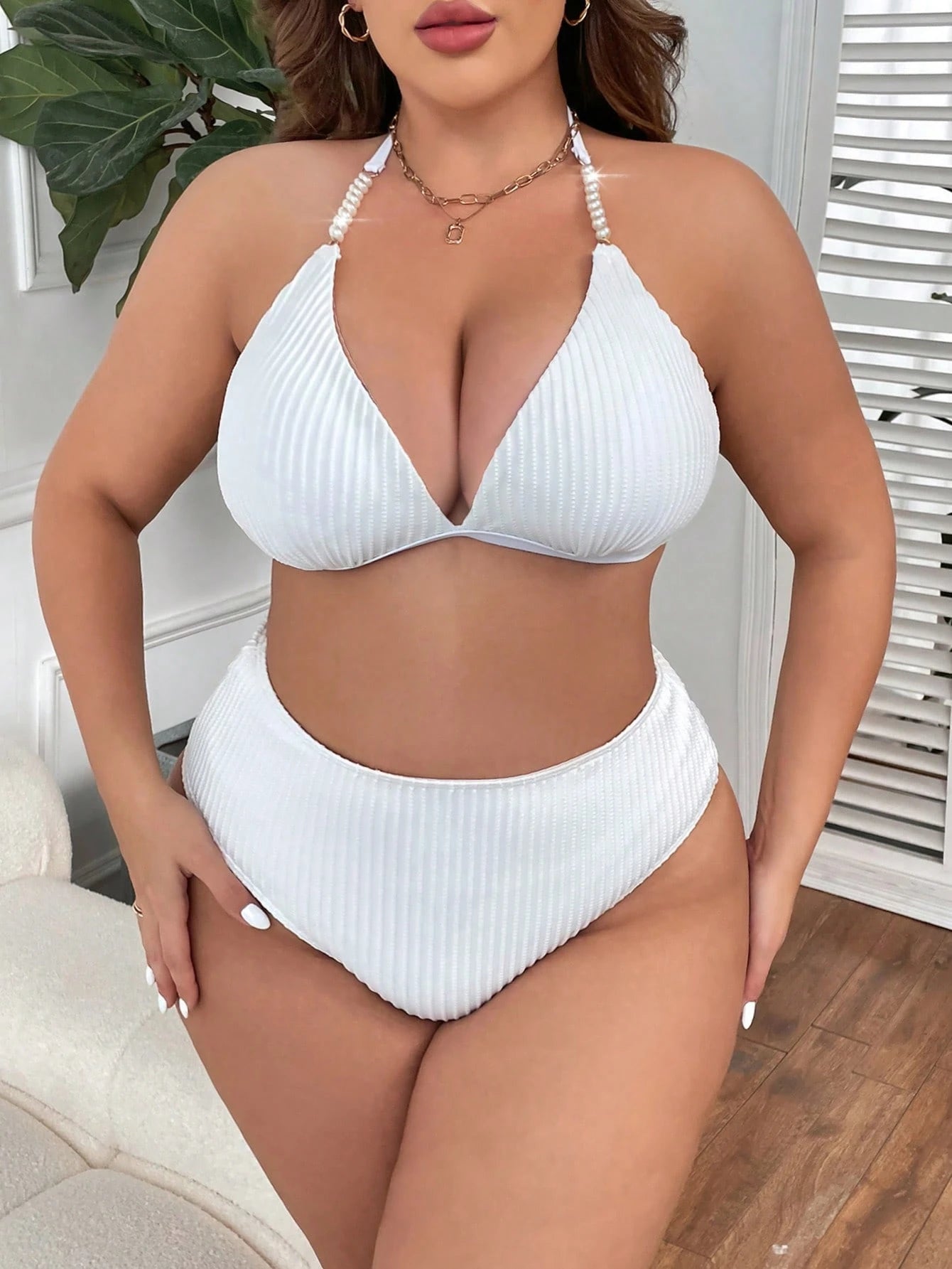 Swim Vcay Summer Beach Plus Halter Triangle High Waist Bikini Set
