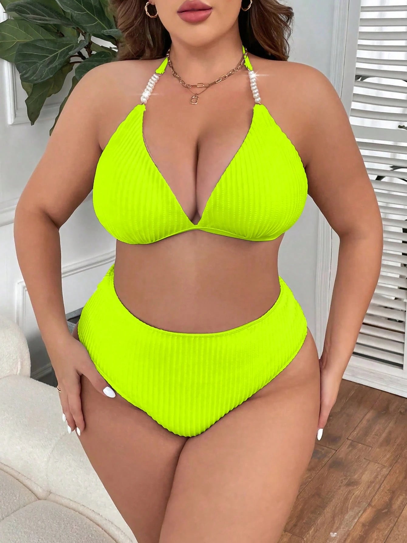 Swim Vcay Summer Beach Plus Halter Triangle High Waist Bikini Set