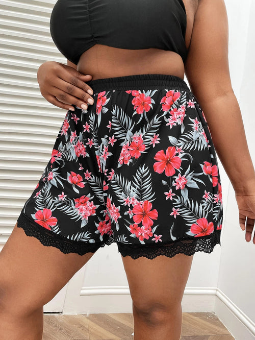 Swim Vcay Summer Beach Plus Tropical Print Lace Trim Bikini Bottom