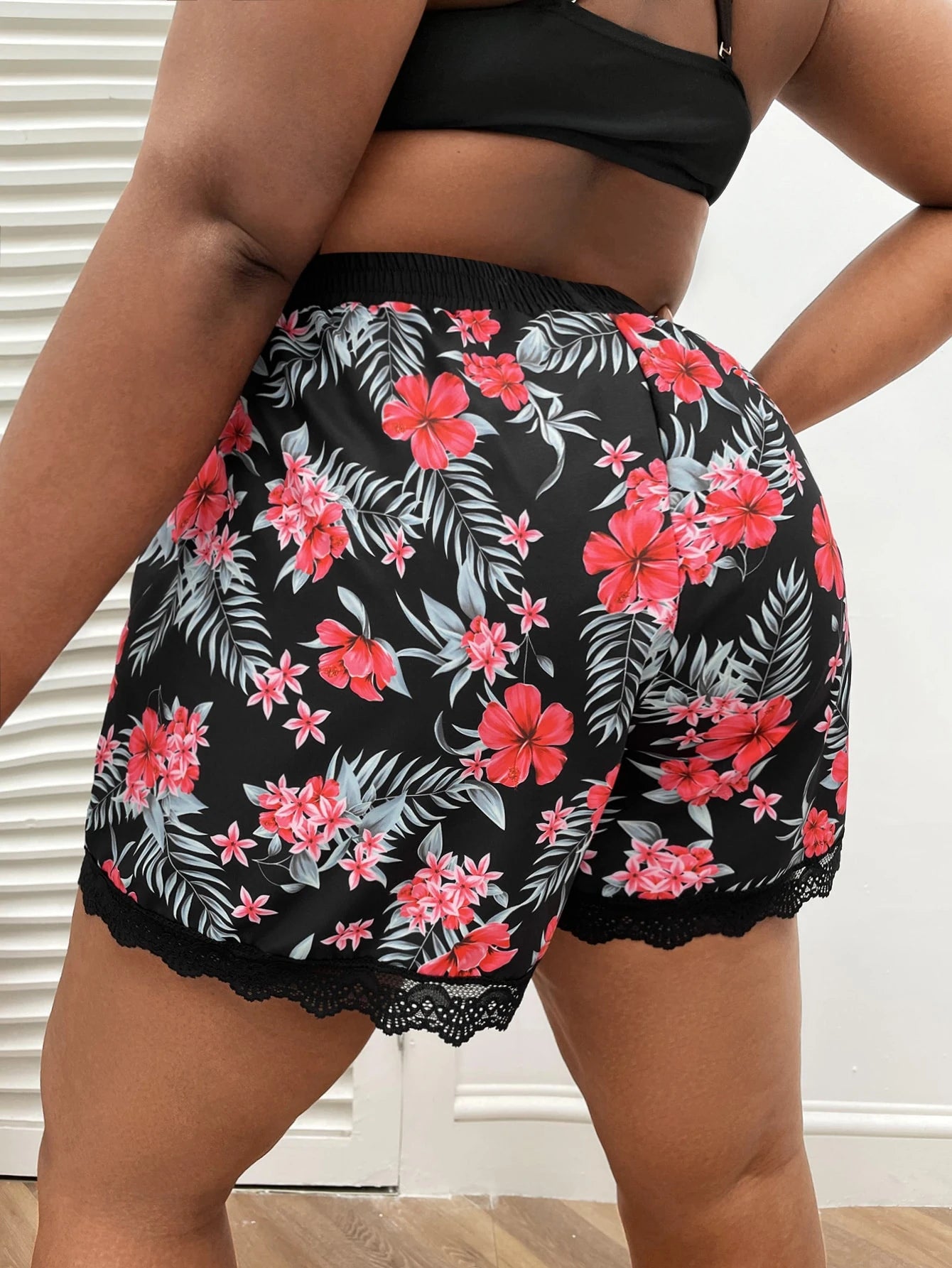 Swim Vcay Summer Beach Plus Tropical Print Lace Trim Bikini Bottom