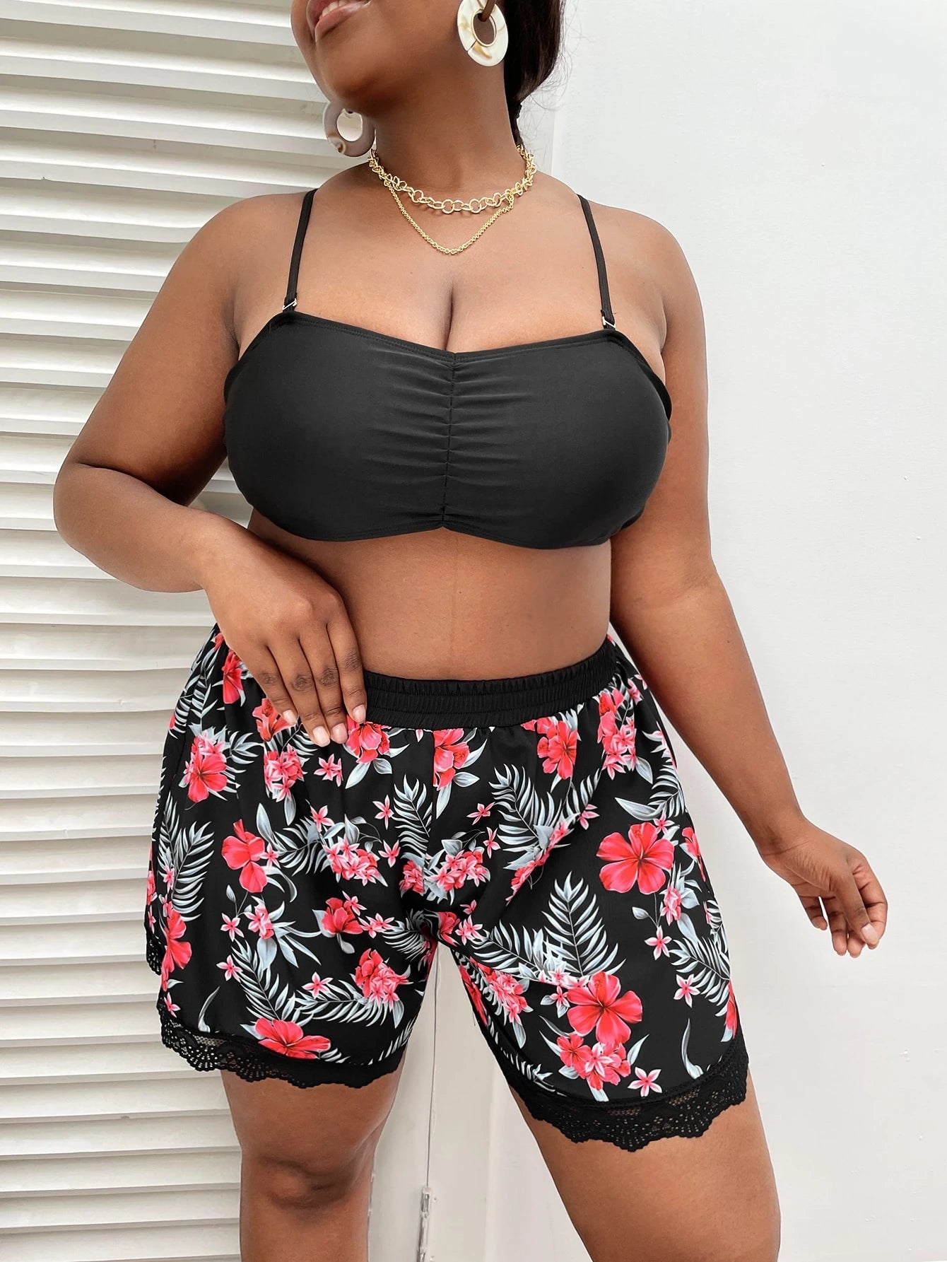 Swim Vcay Summer Beach Plus Tropical Print Lace Trim Bikini Bottom
