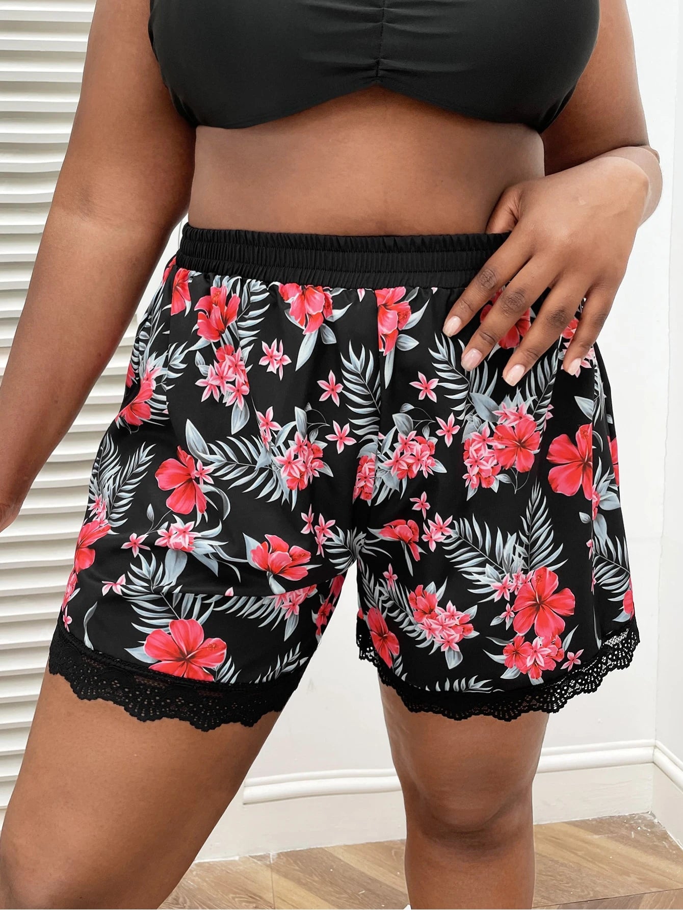 Swim Vcay Summer Beach Plus Tropical Print Lace Trim Bikini Bottom
