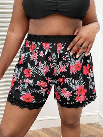 Swim Vcay Summer Beach Plus Tropical Print Lace Trim Bikini Bottom