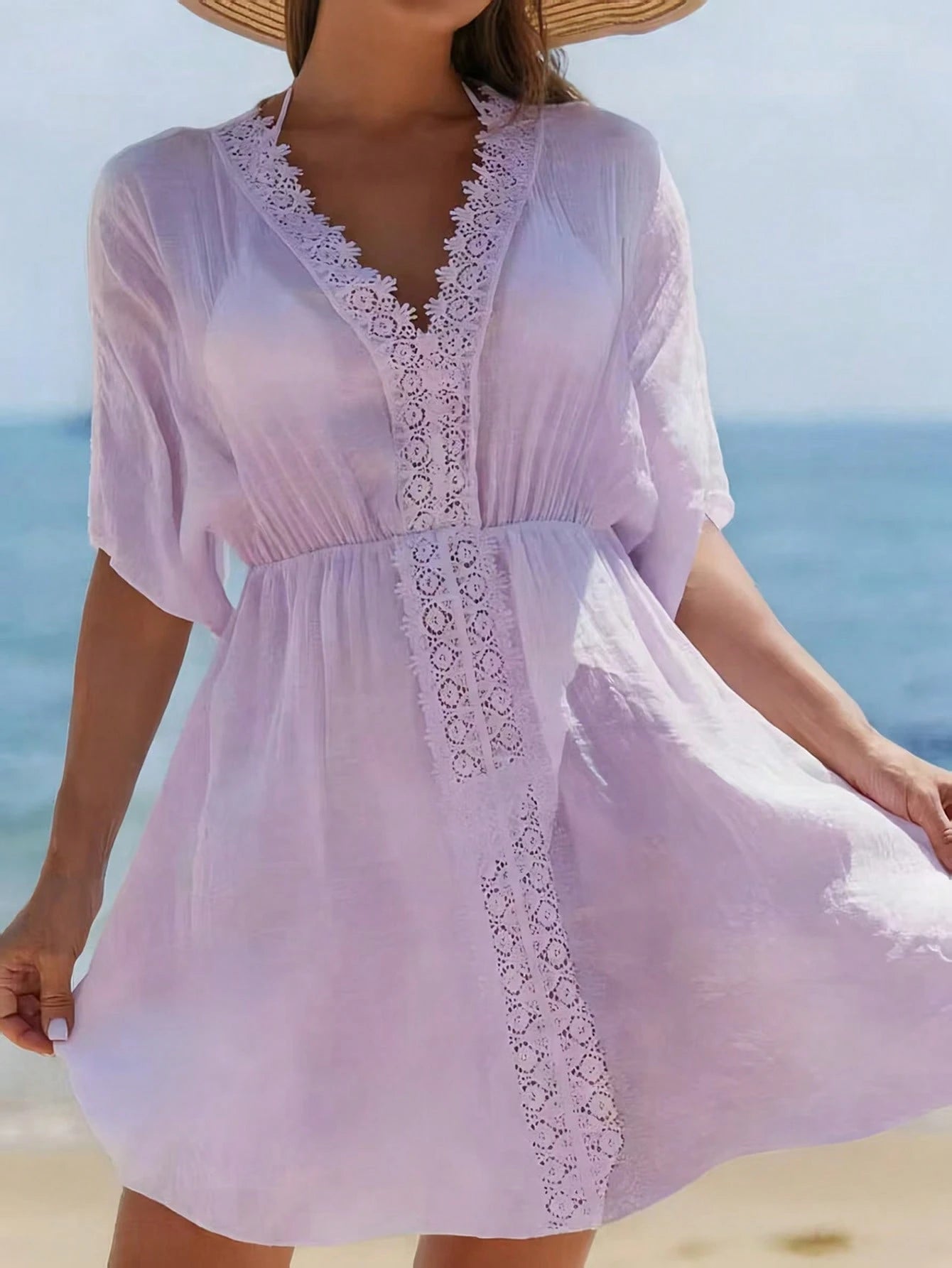 Swim Vcay Summer Outfits For Women Contrast Guipure Lace Cover Up Dress Beach Vacation Lavender Sexy Tropical