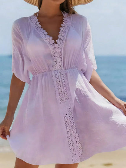 Swim Vcay Summer Outfits For Women Contrast Guipure Lace Cover Up Dress Beach Vacation Lavender Sexy Tropical
