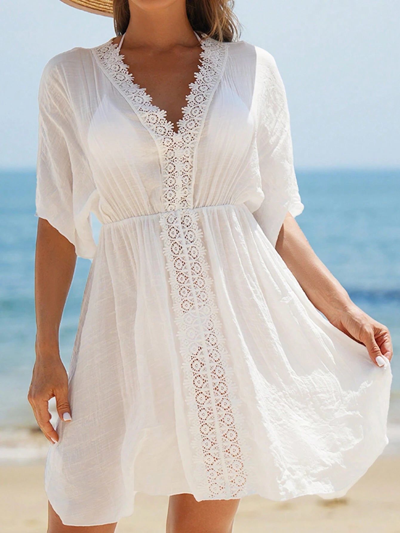 Swim Vcay Summer Outfits For Women Contrast Guipure Lace Cover Up Dress Beach Vacation Lavender Sexy Tropical