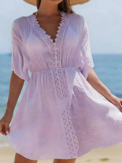 Swim Vcay Summer Outfits For Women Contrast Guipure Lace Cover Up Dress Beach Vacation Lavender Sexy Tropical
