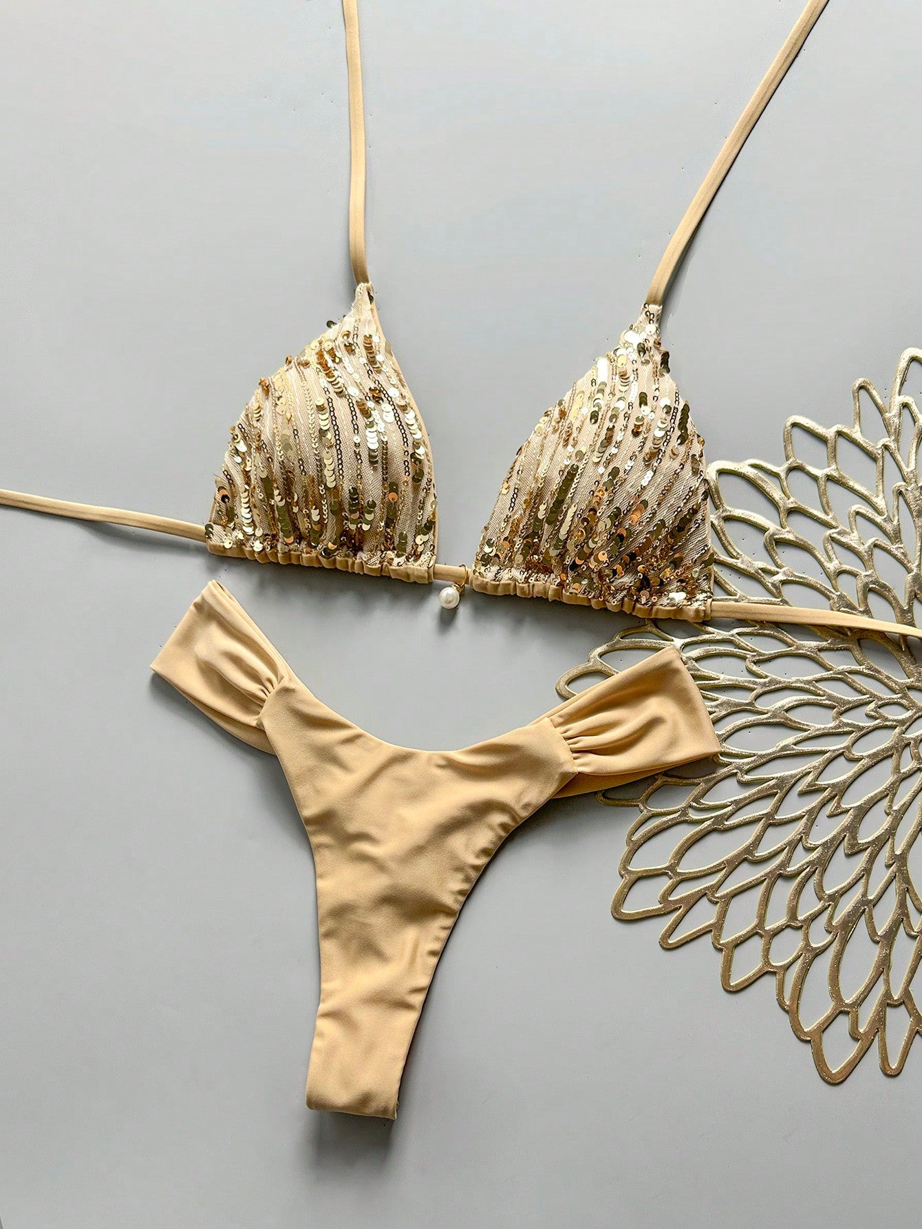 Swim Vcay SunnyBelle-D 2-Piece Spring/Summer Vacation Sequin Textured Fabric Pearl Decor Halter Triangle Bikini Top And Ruched Bikini Bottom Sexy Women's Swimwear Set