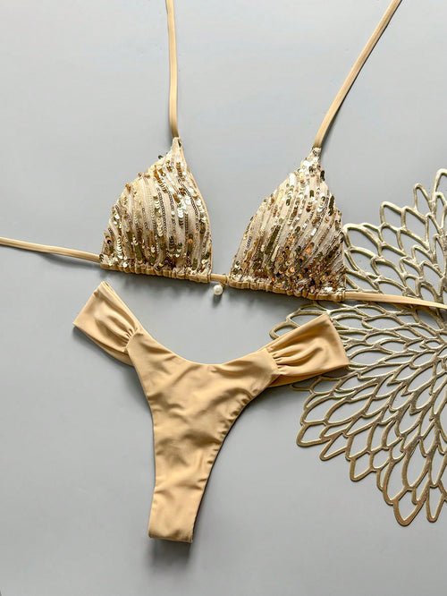 Swim Vcay SunnyBelle-D 2-Piece Spring/Summer Vacation Sequin Textured Fabric Pearl Decor Halter Triangle Bikini Top And Ruched Bikini Bottom Sexy Women's Swimwear Set