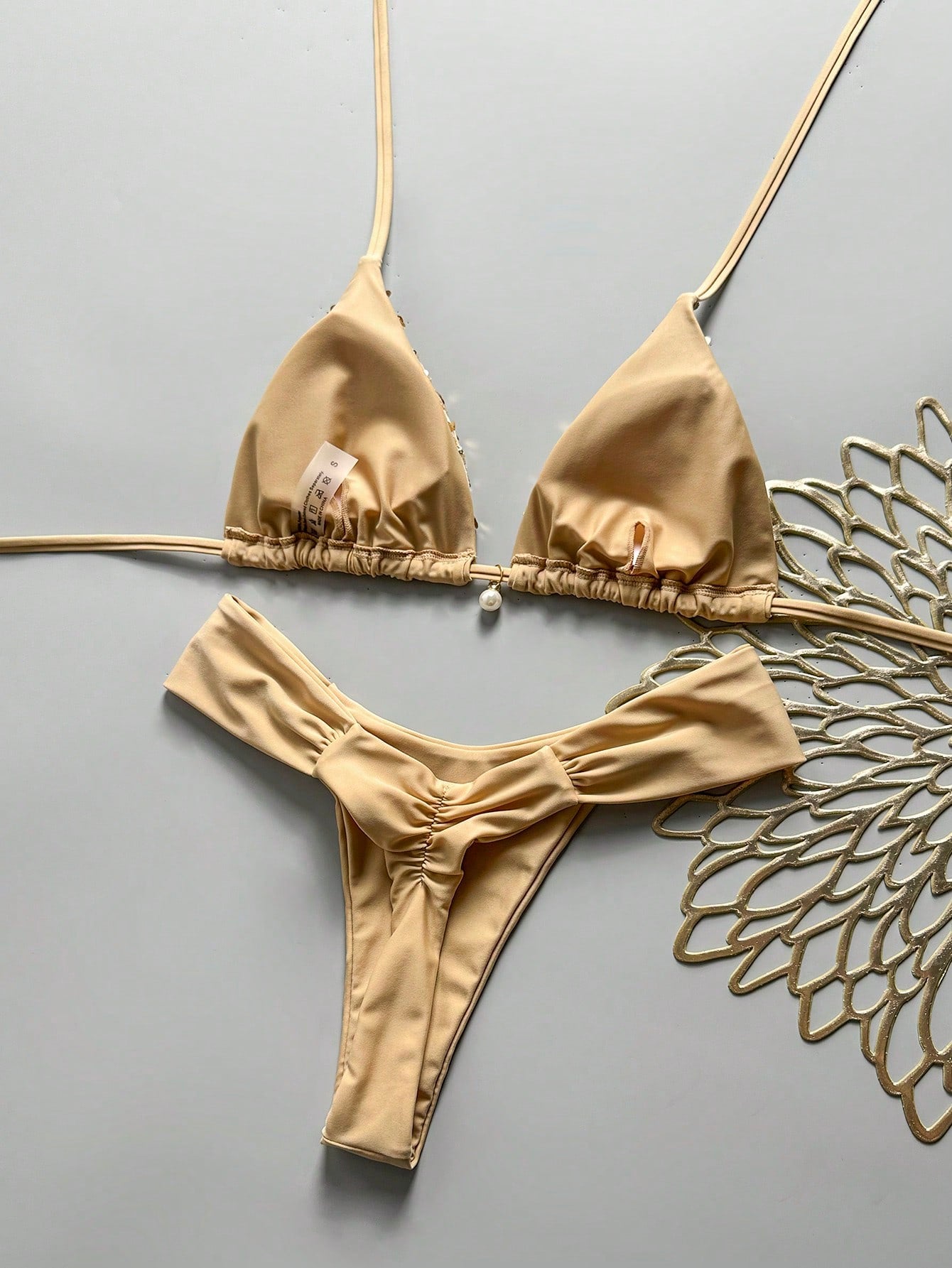 Swim Vcay SunnyBelle-D 2-Piece Spring/Summer Vacation Sequin Textured Fabric Pearl Decor Halter Triangle Bikini Top And Ruched Bikini Bottom Sexy Women's Swimwear Set
