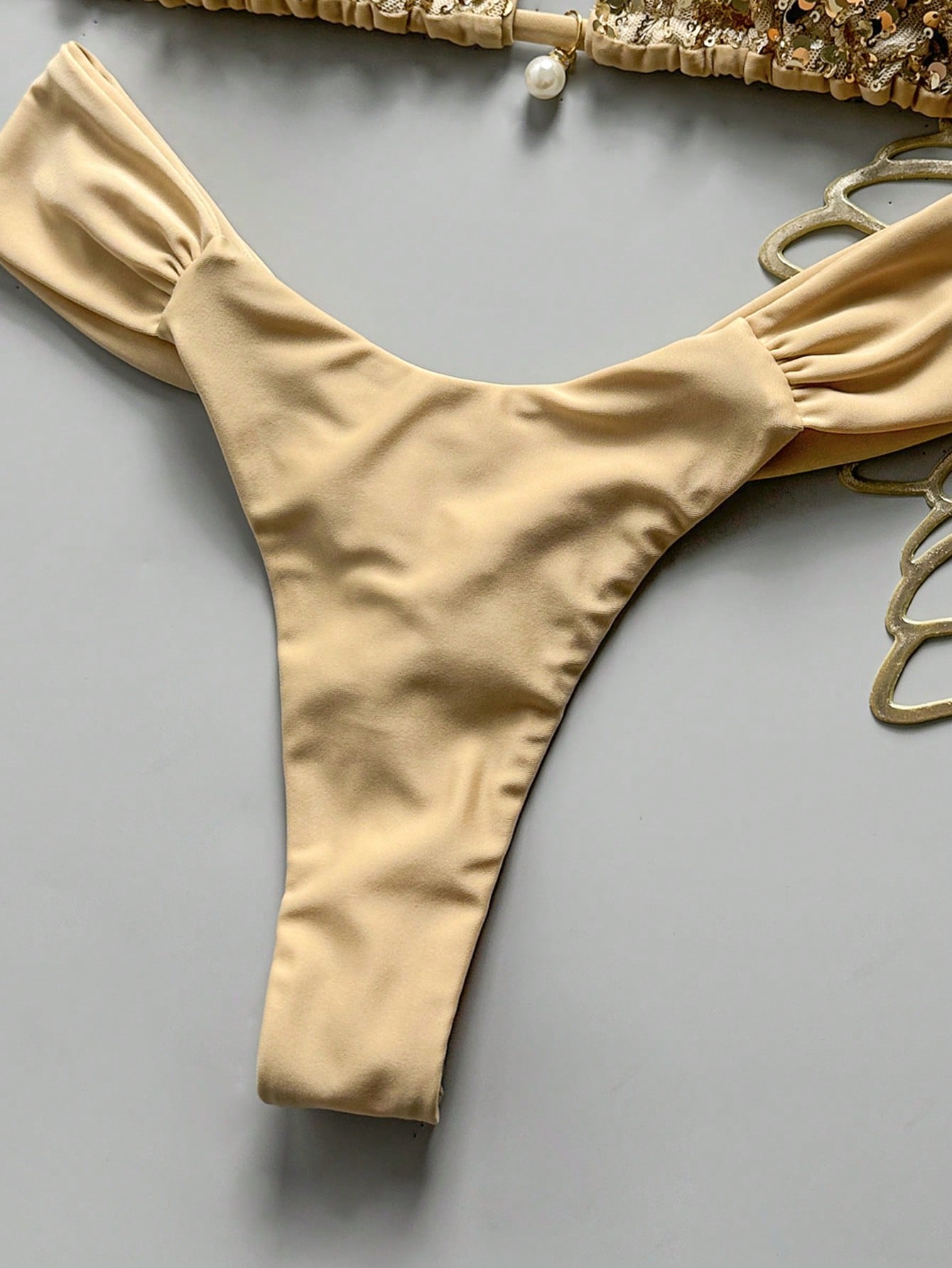 Swim Vcay SunnyBelle-D 2-Piece Spring/Summer Vacation Sequin Textured Fabric Pearl Decor Halter Triangle Bikini Top And Ruched Bikini Bottom Sexy Women's Swimwear Set