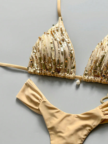 Swim Vcay SunnyBelle-D 2-Piece Spring/Summer Vacation Sequin Textured Fabric Pearl Decor Halter Triangle Bikini Top And Ruched Bikini Bottom Sexy Women's Swimwear Set