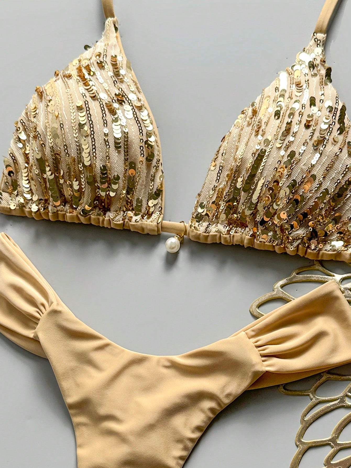 Swim Vcay SunnyBelle-D 2-Piece Spring/Summer Vacation Sequin Textured Fabric Pearl Decor Halter Triangle Bikini Top And Ruched Bikini Bottom Sexy Women's Swimwear Set