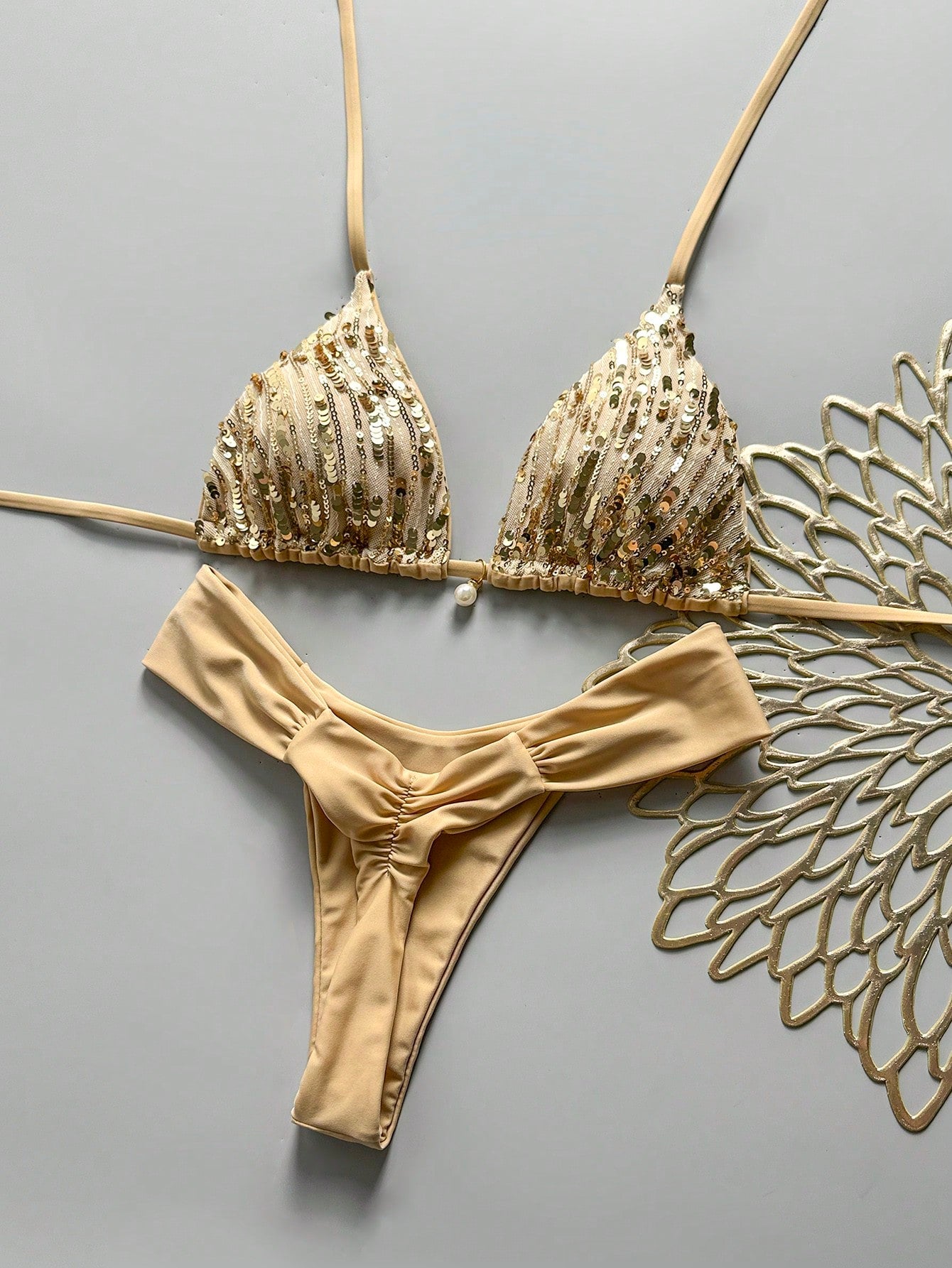Swim Vcay SunnyBelle-D 2-Piece Spring/Summer Vacation Sequin Textured Fabric Pearl Decor Halter Triangle Bikini Top And Ruched Bikini Bottom Sexy Women's Swimwear Set