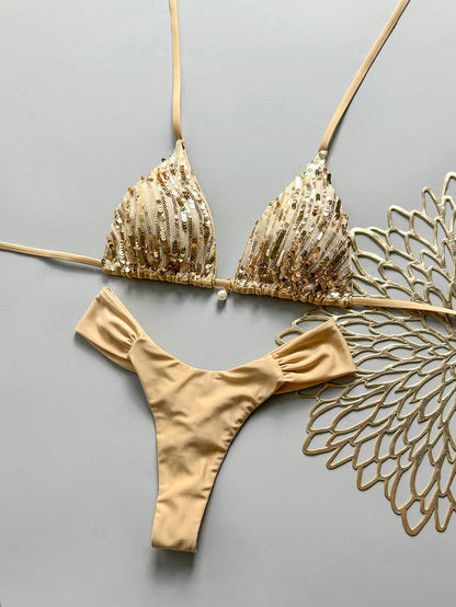 Swim Vcay SunnyBelle-D 2-Piece Spring/Summer Vacation Sequin Textured Fabric Pearl Decor Halter Triangle Bikini Top And Ruched Bikini Bottom Sexy Women's Swimwear Set