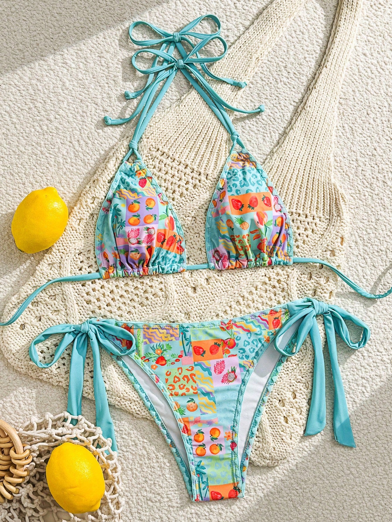 Swim Vcay Women's Fashion Tropical Fruit Print Halter Tie Sexy Bikini Two-Piece Swimsuit Set