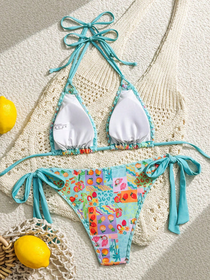 Swim Vcay Women's Fashion Tropical Fruit Print Halter Tie Sexy Bikini Two-Piece Swimsuit Set
