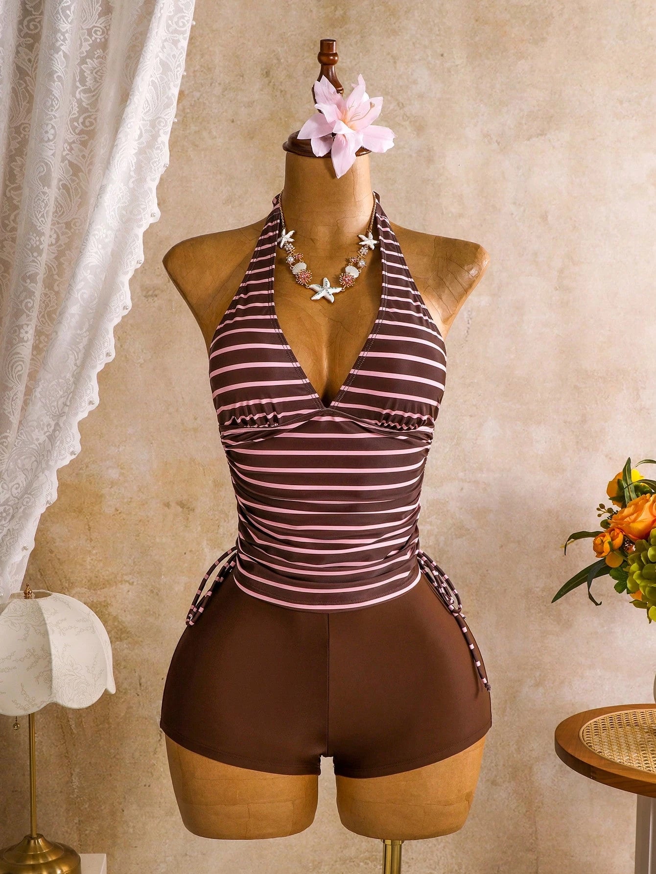 Swim Vcay Women's Striped Colorblock Halter Tankini And Shorts Two-Piece Swimsuit Set, Suitable For Summer Vacation