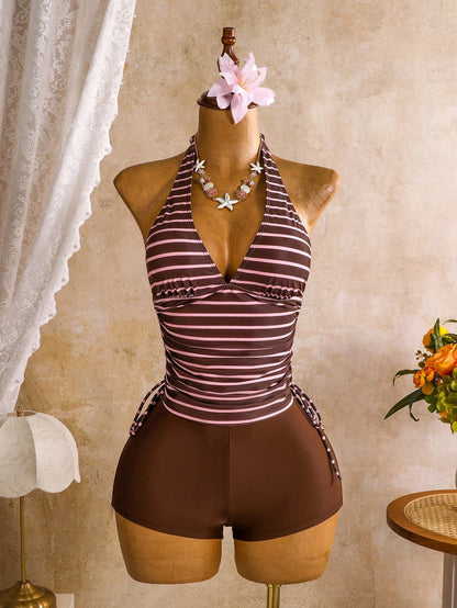 Swim Vcay Women's Striped Colorblock Halter Tankini And Shorts Two-Piece Swimsuit Set, Suitable For Summer Vacation