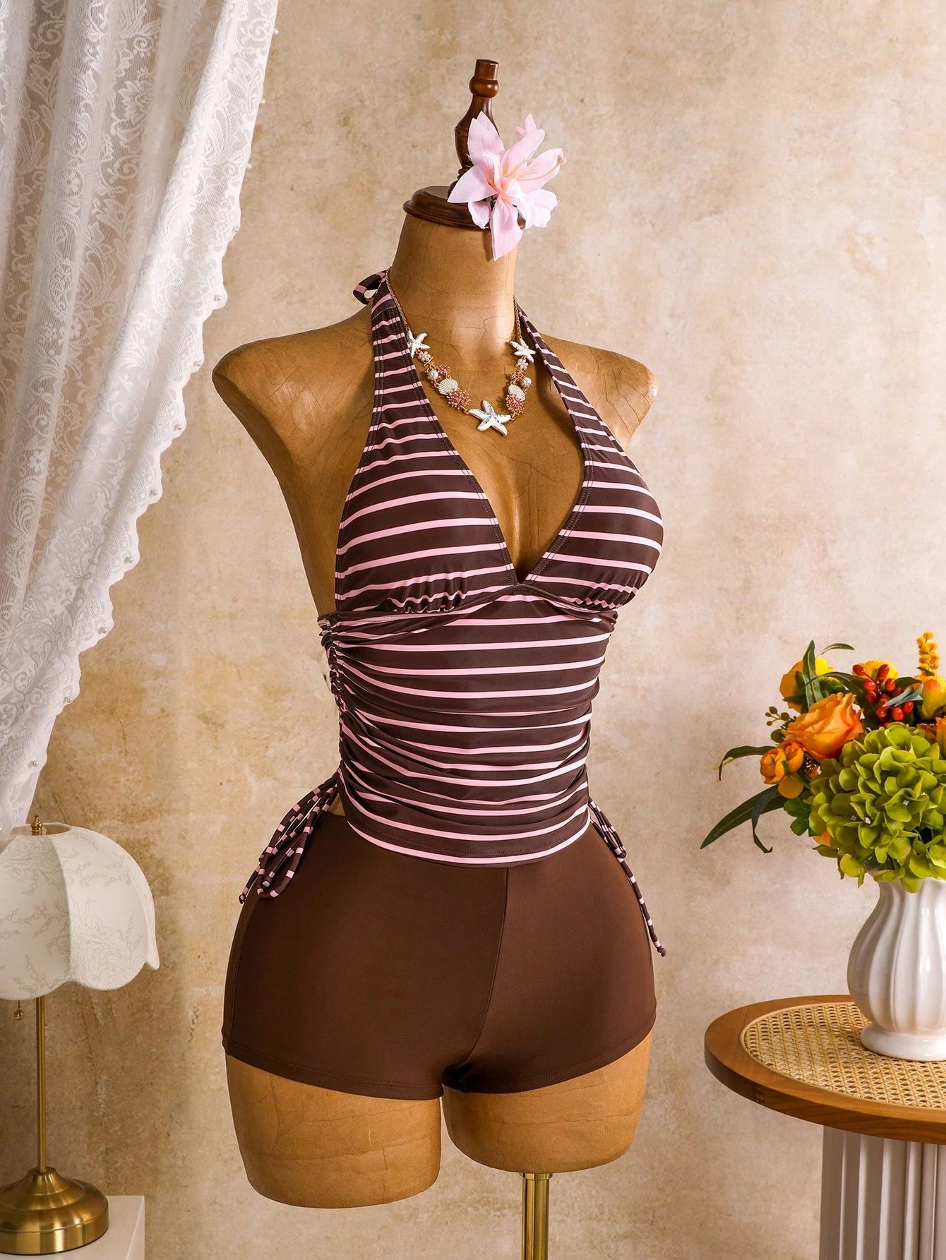 Swim Vcay Women's Striped Colorblock Halter Tankini And Shorts Two-Piece Swimsuit Set, Suitable For Summer Vacation