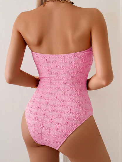 Swim Vcay Women's Summer Vacation Pink Shell Jacquard Fabric Starfish Decor Bandeau One-Piece Swimsuit & Beach Outfit