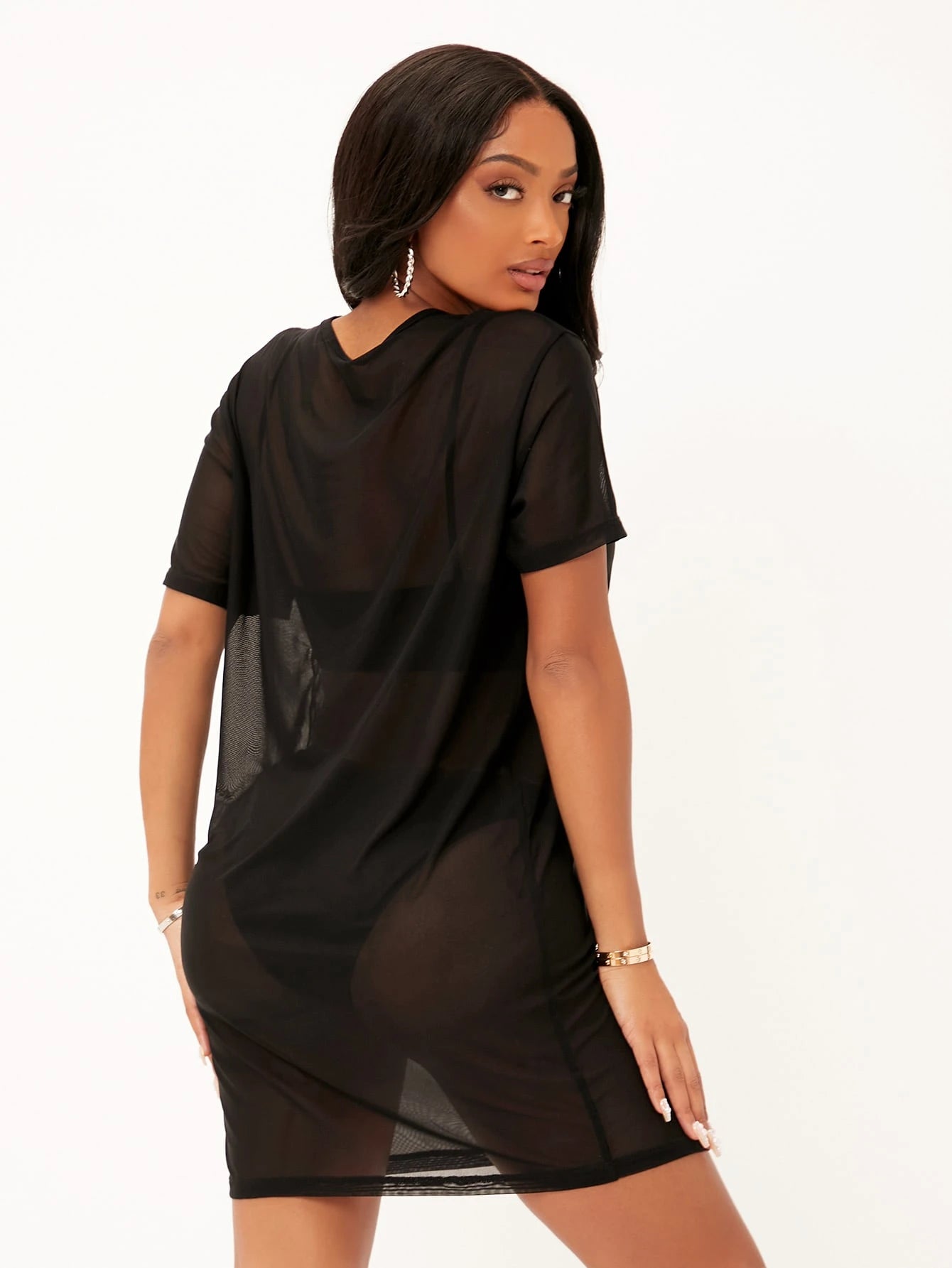 SXY Drop Shoulder Sheer Mesh Dress