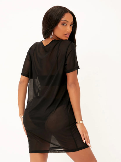 SXY Drop Shoulder Sheer Mesh Dress