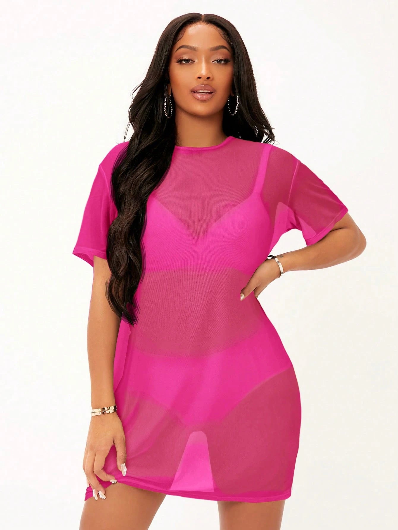 SXY Drop Shoulder Sheer Mesh Dress