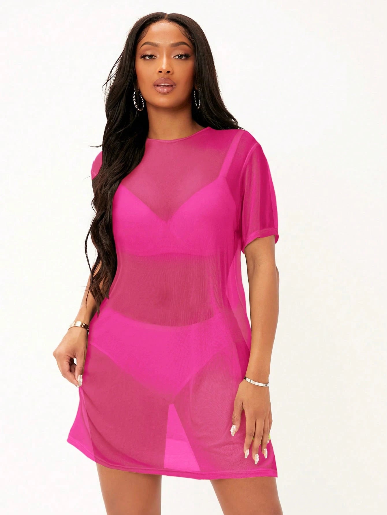 SXY Drop Shoulder Sheer Mesh Dress