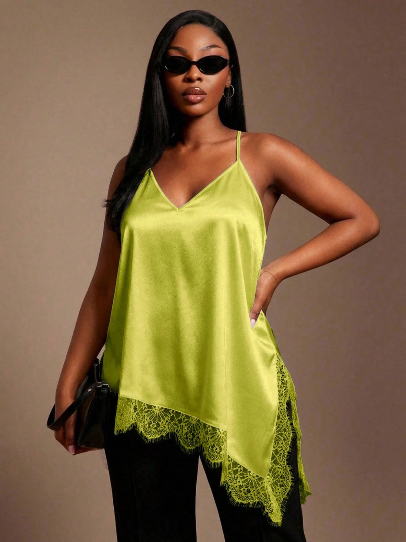 SXY Plus Size Women Lace Patchwork Asymmetrical Hem Casual Versatile Daily Wear Camisole Top
