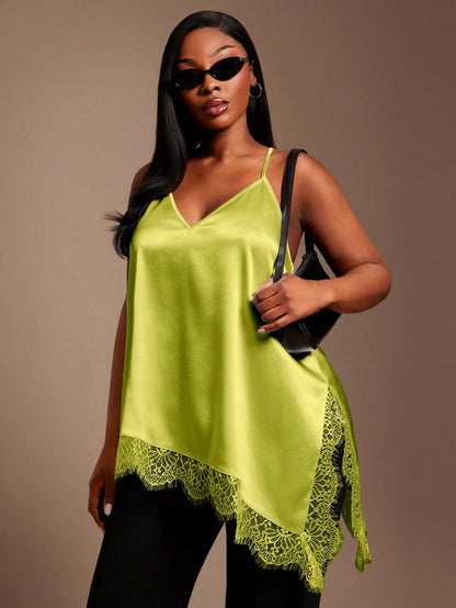 SXY Plus Size Women Lace Patchwork Asymmetrical Hem Casual Versatile Daily Wear Camisole Top