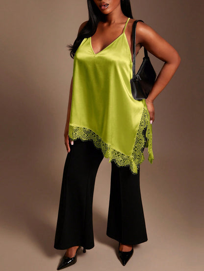 SXY Plus Size Women Lace Patchwork Asymmetrical Hem Casual Versatile Daily Wear Camisole Top