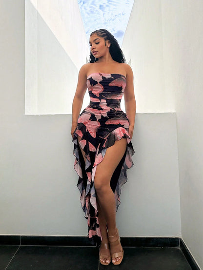 SXY Summer Butterfly Print Flowy Ruffle Hem Backless High Slit Fitted Dress