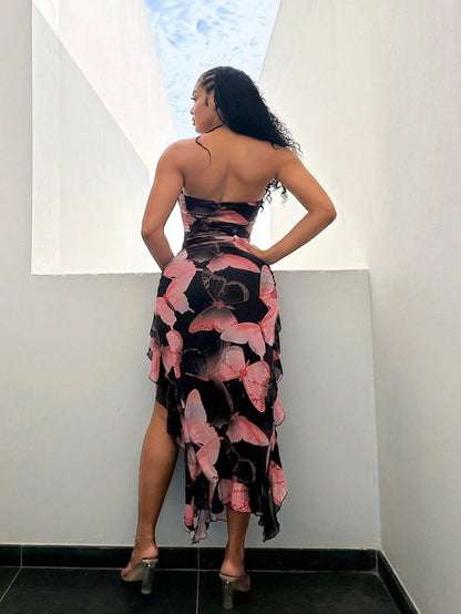 SXY Summer Butterfly Print Flowy Ruffle Hem Backless High Slit Fitted Dress