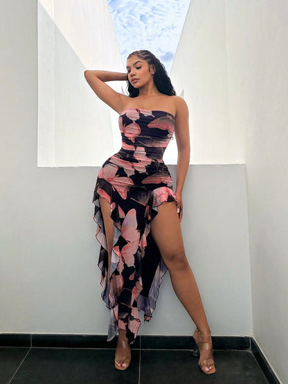 SXY Summer Butterfly Print Flowy Ruffle Hem Backless High Slit Fitted Dress