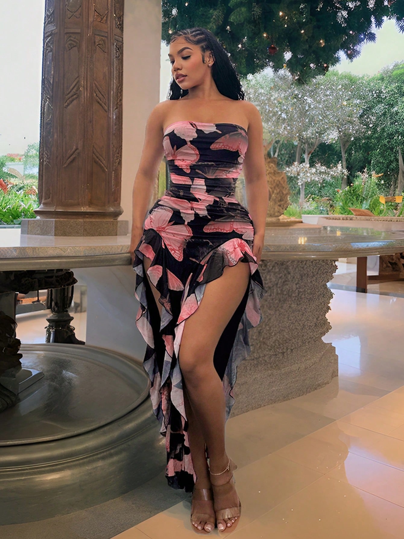 SXY Summer Butterfly Print Flowy Ruffle Hem Backless High Slit Fitted Dress