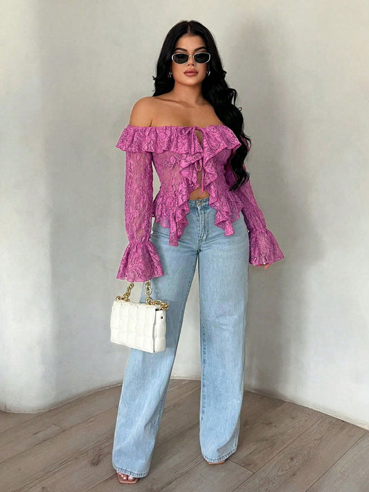 SXY Vacation Casual Open Front Ruffle Trim Off-Shoulder Long Sleeve Sheer Lace Top For Women, Spring Summer